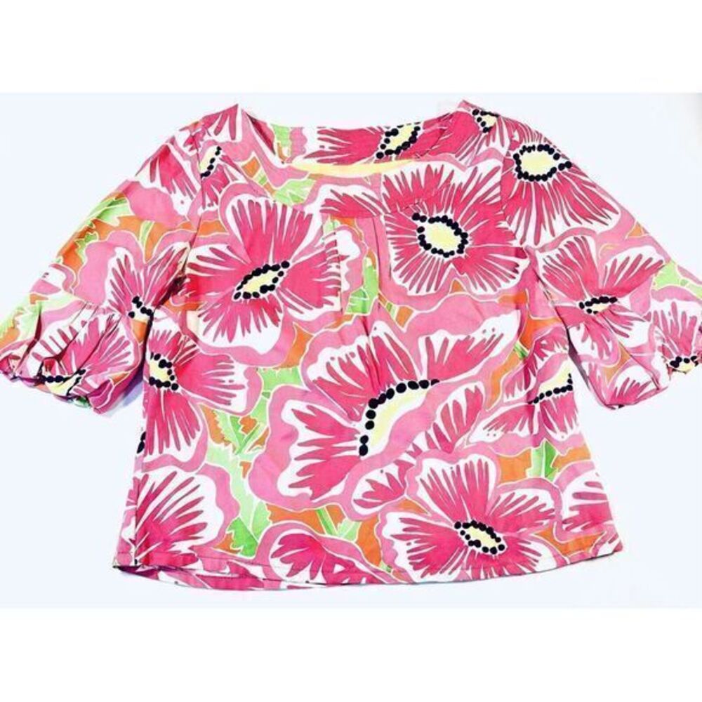 Lilly Pulitzer Pink Floral Gold Metallic Puff Sleeve Blouse Top Women Size 0